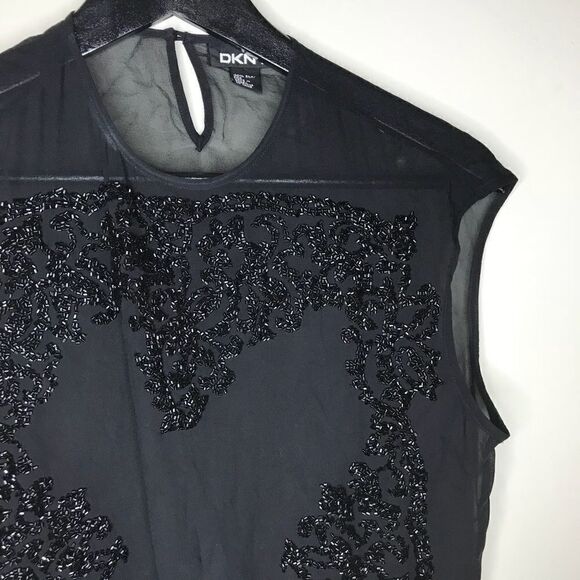 DKNY Sz 4 black sheer silk beaded heart blouse top - Picture 1 of 5